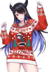 Rule 34 | 1girl, absurdres, asymmetrical horns, black hair, blue hair, christmas, christmas tree, colored inner hair, demon horns, hair ornament, highres, hololive, hololive english, horns, kivo, long hair, looking at viewer, mole, mole on thigh, mole under eye, multicolored hair, nerissa ravencroft, red eyes, santa costume, smile, solo, sweater, two-tone hair, uneven horns, virtual youtuber, white background