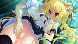 Rule 34 | 1girl, animal ears, blonde hair, grabbing another&#039;s breast, breasts, censored, clothes lift, fingering, forest, fox ears, game cg, grabbing, karin amagi, long hair, magical marriage lunatics!!, moonstone, nature, red eyes, skirt, skirt lift, smile, thighhighs, tree, yamakaze ran
