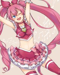 Rule 34 | 10s, 1girl, ;d, arms up, blue eyes, blush, brooch, choker, cure melody, frilled skirt, frills, heart, highres, houjou hibiki, jewelry, long hair, magical girl, midriff, msn png, musical note, navel, one eye closed, open mouth, pink hair, pink skirt, pink thighhighs, precure, quaver, simple background, skirt, smile, solo, suite precure, thighhighs, treble clef, twintails, very long hair