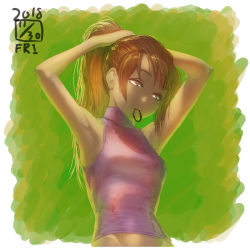 Rule 34 | 1girl, armpits, bare arms, bare shoulders, brown eyes, brown hair, closed mouth, green background, groin, hair tie, hair tie in mouth, hands up, highres, ikeda (cpt), long hair, mouth hold, original, ponytail, signature, solo, sweater, sweater vest, tying hair, upper body