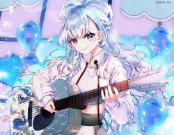 Rule 34 | 1girl, acoustic guitar, balloon, blue eyes, blue hair, blush, braid, bubble, closed mouth, colored tips, commentary, cropped hoodie, guitar, half up braid, half updo, heart balloon, high ponytail, highres, holding, holding guitar, holding instrument, hololive, hololive indonesia, hood, hoodie, instrument, kobo kanaeru, kobo kanaeru (1st costume), long hair, long sleeves, looking at viewer, multicolored hair, pants, playing guitar, ringed eyes, smile, solo, sowon, split ponytail, twitter username, upper body, virtual youtuber, wavy hair, white hair, white hoodie, white pants