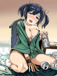 Rule 34 | 10s, 1girl, alcohol, bad id, bad twitter id, blue eyes, blue hair, blush, breasts, breath, can, cleavage, drunk, flight deck, gloves, hi-ho-, japanese clothes, kantai collection, large breasts, long hair, matching hair/eyes, open mouth, partially fingerless gloves, partly fingerless gloves, personification, sake, shiny skin, short hair, single glove, sitting, smile, socks, solo, souryuu (kancolle), tabi, twintails, white socks, yugake