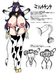 Rule 34 | 1girl, animal ears, animal print, blue eyes, breastless clothes, breasts, breasts out, cow ears, cow girl, cow horns, cow print, cow tail, female focus, groin, hair over one eye, heart pasties, highleg, hooves, horns, huge breasts, long hair, nishida megane, original, panties, pasties, purple hair, sketch, solo, standing, tail, text focus, thigh gap, thighhighs, translation request, underwear