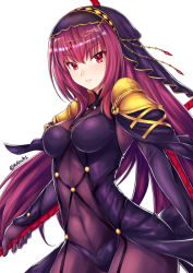 Rule 34 | 1girl, armor, bodysuit, breasts, covered navel, fate/grand order, fate (series), gae bolg (fate), holding, holding weapon, kelinch1, long hair, looking at viewer, parted lips, pauldrons, polearm, purple bodysuit, purple hair, red eyes, scathach (fate), shoulder armor, simple background, solo, spear, twitter username, veil, weapon, white background