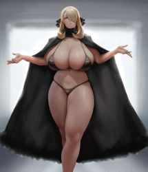 Rule 34 | 1girl, alternate breast size, bikini, black bikini, black cloak, blonde hair, breasts, brown eyes, cleavage, cloak, creatures (company), curvy, cynthia (pokemon), eu03, fur collar, game freak, hair ornament, hair over one eye, huge breasts, long hair, looking at viewer, navel, nintendo, parted lips, plump, pokemon, pokemon dppt, revision, solo, swimsuit, thick thighs, thighs, wide hips