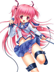 Rule 34 | 10s, 1girl, :d, angel beats!, ankle lace-up, blush, cameltoe, cleft of venus, cross-laced footwear, demon tail, fang, long hair, microphone, microphone stand, midriff, motonaga hiroya, navel, open mouth, panties, pantyshot, pink eyes, pink hair, school uniform, serafuku, shoes, smile, solo, standing, striped clothes, striped panties, tail, thigh strap, twintails, two side up, underwear, yui (angel beats!)