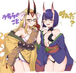 Rule 34 | 2girls, absurdres, adjusting eyewear, bare shoulders, beads, bespectacled, blonde hair, bob cut, breasts, closed mouth, collarbone, cowboy shot, eyeliner, facial mark, fang, fate/grand order, fate (series), fingernails, forehead mark, glasses, hand on eyewear, headpiece, highres, horns, ibaraki douji (fate), ichiya1115, japanese clothes, kimono, long hair, long sleeves, looking at viewer, makeup, multiple girls, no eyebrows, obi, oni, open clothes, open kimono, open mouth, purple eyes, purple hair, purple kimono, revealing clothes, round eyewear, sash, sharp fingernails, short eyebrows, short hair, short kimono, shuten douji (fate), simple background, skin-covered horns, small breasts, smile, tattoo, thighs, white background, wide sleeves, yellow eyes, yellow kimono