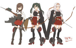 Rule 34 | 3girls, black legwear, boots, bow (weapon), brown eyes, brown gloves, brown hair, closed mouth, crossbow, enu (roco roco44), flight deck, gloves, green hair, grey footwear, grey legwear, hair between eyes, hair ribbon, headgear, holding, holding bow (weapon), holding crossbow, holding weapon, japanese clothes, kantai collection, kimono, long hair, long sleeves, machinery, multiple girls, muneate, parted lips, partially fingerless gloves, partly fingerless gloves, pleated skirt, red ribbon, red skirt, ribbon, shirt, shoukaku (kancolle), silver hair, simple background, single glove, skirt, smile, taihou (kancolle), thighhighs, translation request, twintails, very long hair, weapon, white background, white kimono, white shirt, yugake, zuikaku (kancolle)