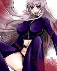 Rule 34 | 1girl, aura, belt, blush, breasts, fang, garter belt, garter straps, gloves, large breasts, long hair, long sleeves, looking at viewer, m.u.g.e.n, midriff, navel, panties, purple eyes, purple panties, purple shirt, purple thighhighs, shirt, sitting, smile, socks, sula, teeth, thighhighs, tongue, tongue out, underwear, white background, white hair