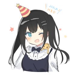 Rule 34 | 1girl, ;d, animal, animal on shoulder, bad id, bad pixiv id, black bow, black dress, black hair, blue eyes, blush, blush stickers, bow, colored eyelashes, dress, frilled shirt collar, frills, hair ornament, hairclip, happy birthday, hat, highres, looking at viewer, mafuyu (chibi21), one eye closed, open mouth, original, party hat, shirt, sidelocks, simple background, sleeveless, sleeveless dress, smile, solo, star (symbol), striped clothes, striped headwear, translation request, twintails, white background, white shirt