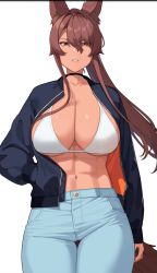 Rule 34 | 1girl, abs, animal ear fluff, animal ears, arm at side, black choker, blue pants, bra, breasts, brown eyes, brown hair, buttons, choker, commentary request, dark-skinned female, dark skin, denim, feet out of frame, franham, hair between eyes, hand in pocket, highres, jacket, jeans, large breasts, long hair, looking at viewer, muscular, muscular female, navel, open clothes, open jacket, open mouth, original, pants, parted lips, pocket, ponytail, sidelocks, simple background, solo, standing, stomach, teeth, thigh gap, underboob, underwear, unzipped, white background, white bra