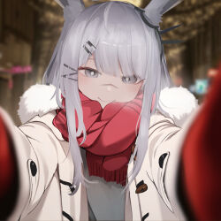 Rule 34 | 1girl, absurdres, animal ear fluff, animal ears, arknights, blunt bangs, blurry, blurry background, blurry foreground, blush, breath, closed mouth, coat, depth of field, dress, ear ornament, frostnova (arknights), fur-trimmed hood, fur trim, gloves, grey dress, grey eyes, grey hair, hair ornament, hair over one eye, hairclip, highres, hood, hood down, long hair, long sleeves, looking at viewer, meme, open clothes, open coat, outdoors, pov, pov cheek warming (meme), rabbit ears, rabbit girl, red gloves, red scarf, ring hair ornament, scar, scar on face, scar on nose, scarf, sidelocks, smile, solo, upper body, wawamachi (wawamachis), white coat, winter clothes, winter coat
