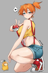 Rule 34 | 1girl, absurdres, bare arms, bare legs, bare shoulders, blue eyes, blush, commentary, creatures (company), crop top, denim, denim shorts, game freak, gen 1 pokemon, grey background, heart, highres, holding, holding poke ball, kneeling, looking at viewer, midriff, misty (pokemon), nintendo, orange hair, pinepin, poke ball, pokemon, pokemon (anime), pokemon (classic anime), pokemon (creature), ponytail, psyduck, red footwear, shirt, shoes, short shorts, shorts, simple background, sleeveless, sleeveless shirt, sneakers, suspenders, symbol-only commentary, thighs, v, yellow shirt