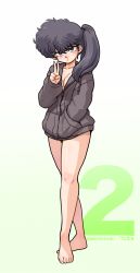 Rule 34 | 1girl, breasts, cleavage, feet, highres, hood, hoodie, kunou kodachi, ranma 1/2, side ponytail, solo, v, wanta (futoshi)
