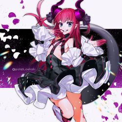 Rule 34 | 1girl, artist name, black dress, blue eyes, bodypaint, boots, breasts, cowboy shot, detached sleeves, dragon horns, dress, elizabeth bathory (fate), elizabeth bathory (fate/extra ccc), elizabeth bathory (first ascension) (fate), fate/extra, fate/grand order, fate (series), frilled dress, frilled sleeves, frills, gradient background, grey background, grin, hair ornament, hair ribbon, horns, lips, long hair, looking at viewer, petals, pink hair, pointy ears, poteti, purple background, ribbon, small breasts, smile, solo, teeth, thighs, twitter username, white footwear