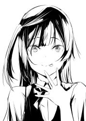Rule 34 | 1girl, :p, absurdres, collared shirt, commentary request, greyscale, hand up, highres, long hair, looking at viewer, love live!, love live! nijigasaki high school idol club, monochrome, neck ribbon, nijigasaki school uniform, one side up, portrait, ribbon, school uniform, shirt, sidelocks, solo, summer uniform, tommer, tongue, tongue out, upper body, vest, white background, yuki setsuna (love live!)