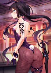Rule 34 | 1girl, animal ears, ass, back, black hair, black leotard, black rock shooter, black rock shooter (character), blue eyes, blush, breasts, brown pantyhose, fake animal ears, gloves, half gloves, highleg, highleg leotard, highres, leotard, long hair, looking at viewer, m-da s-tarou, open mouth, pantyhose, playboy bunny, rabbit ears, rabbit tail, strapless, strapless leotard, tail, thighs, twintails