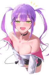 Rule 34 | 1girl, absurdres, bare shoulders, black shorts, blush, breasts, collarbone, demon girl, demon tail, ear piercing, fang, green eyes, highres, hololive, jacket, looking at viewer, medium breasts, no bra, off shoulder, open mouth, piercing, purple hair, shorts, simple background, skin fang, smile, solo, tail, tail ornament, tail piercing, tokoyami towa, tokoyami towa (1st costume), twintails, virtual youtuber, white background, white jacket, zetacat