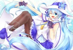 Rule 34 | 1girl, blue eyes, blue hair, cape, fingerless gloves, gloves, hair ribbon, hat, hatsune miku, long hair, matching hair/eyes, mipi, open mouth, outstretched arm, pantyhose, ribbon, sitting, skirt, snowflakes, solo, twintails, very long hair, vocaloid, wand, wink, witch hat, yuki miku