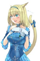 Rule 34 | 00s, 1girl, animal ears, aqua eyes, blonde hair, blush, breasts, cat ears, cat girl, cat tail, dress, female focus, final fantasy, final fantasy xi, flower, gloves, mithra (ff11), ribbon, robina, rose, simple background, solo, tail, tail ornament, tail ribbon, white background