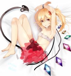 Rule 34 | 1girl, alternate eye color, armpits, arms up, bandeau, bare arms, bare legs, barefoot, blonde hair, breasts, dated, flandre scarlet, full body, hair between eyes, hair ribbon, houdukixx, laevatein (tail), looking at viewer, lying, on side, one side up, red ribbon, ribbon, sketch, small breasts, solo, tail, touhou, wings, yellow eyes