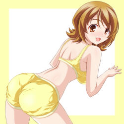 Rule 34 | 1girl, ass, back, blush, from behind, happinesscharge precure!, highres, kikuchi tsutomu, leaning forward, looking at viewer, looking back, loungewear, medium hair, oomori yuuko, open mouth, precure, short shorts, shorts, smile, solo, sports bra, standing, yellow shorts, yellow sports bra