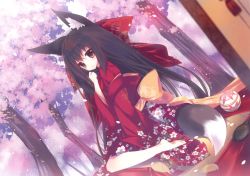 Rule 34 | 1girl, absurdres, animal ear fluff, animal ears, ball, barefoot, black hair, blurry, blush, brown eyes, cherry blossoms, comb, depth of field, fox ears, fox tail, from side, furisode, hair ornament, hair ribbon, hand mirror, highres, huge filesize, japanese clothes, kimono, long hair, looking at viewer, mirror, non-web source, open mouth, original, p19, petals, ribbon, sitting, solo, tail, temari ball, tree, very long hair, wariza