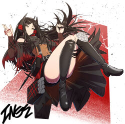 Rule 34 | 1girl, absurdres, arknights, belt, belt pouch, black belt, black footwear, black hair, black nails, black shirt, black shorts, bodystocking, boots, breasts, character name, closed mouth, clothing cutout, commentary, covered navel, crop top, demon horns, english commentary, expressionless, full body, highres, holding, holding knife, horns, ines (arknights), knee boots, knee pads, knees together feet apart, knife, long hair, looking at viewer, magazine (weapon), medium breasts, nail polish, parted bangs, pouch, ribbed sleeves, samacho, shirt, short shorts, shorts, shoulder cutout, single knee pad, solo, string, string of fate, suspenders, thigh strap, thighs, waist cape, yellow eyes