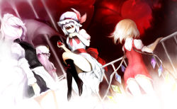 Rule 34 | 4girls, apron, bad id, bad pixiv id, bat wings, black dress, black footwear, blonde hair, boots, crescent, cup, dress, drinking glass, flandre scarlet, glowing, hair over one eye, hat, hat ribbon, izayoi sakuya, juliet sleeves, knee boots, kyokucho, long hair, long sleeves, looking at viewer, looking back, maid, maid apron, maid headdress, mob cap, multiple girls, no headwear, no headwear, patchouli knowledge, puffy sleeves, purple hair, railing, red dress, red eyes, red sky, remilia scarlet, ribbon, sash, scarlet devil mansion, shaded face, short hair, short sleeves, silver hair, sitting, sky, touhou, very long hair, waist apron, white dress, wine glass, wings