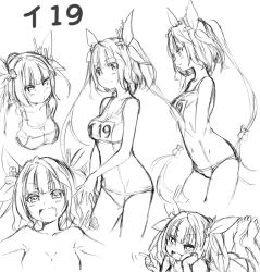 Rule 34 | 10s, 1girl, :3, :d, barefoot, blush, breasts, character name, cleavage, fang, fumitan (humitan), greyscale, hair ribbon, i-19 (kancolle), kantai collection, long hair, looking at viewer, medium breasts, monochrome, o3o, one-piece swimsuit, open mouth, personification, ribbon, school swimsuit, sketch, smile, solo, swimsuit, tri tails, twintails