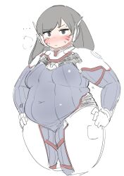 Rule 34 | ..., 1girl, alternate body size, blush, bodysuit, breasts, closed mouth, covered navel, cowboy shot, cropped legs, d.va (overwatch), facial mark, fat, gloves, hands on own hips, highres, jitome, long hair, looking at viewer, medium breasts, nimo (b45ui), overwatch, pilot suit, puff of air, ribbed bodysuit, simple background, skin tight, solo, sweat, thick arms, thick thighs, thighs, whisker markings, white background, white gloves