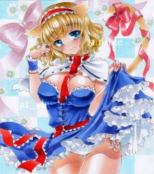 Rule 34 | 1girl, alice margatroid, animal ears, at classics, blonde hair, blue eyes, breasts, capelet, cat ears, cat girl, cat tail, cleavage, clothes lift, dress, dress lift, female focus, frills, hairband, kemonomimi mode, large breasts, panties, pantyshot, ribbon, sample watermark, short hair, side-tie panties, smile, solo, tail, tail ornament, tail ribbon, touhou, traditional media, underwear, watermark, white panties, wrist cuffs