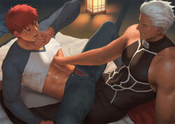 Rule 34 | 2boys, abs, archer (fate), bara, black pants, blue pants, blue shirt, blush, clothes lift, dark-skinned male, dark skin, emiya shirou, fate/stay night, fate (series), groping, large pectorals, looking at another, lying, male focus, male underwear, male underwear peek, multiple boys, muscular, muscular male, navel, on back, open mouth, open pants, pants, pectorals, penguin frontier, red hair, shirt, shirt lift, short hair, smile, sweat, two-tone shirt, underwear, white hair, white shirt, yaoi