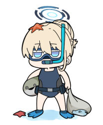Rule 34 | 1girl, animal, bag, bare arms, bare shoulders, blonde hair, blue archive, blue one-piece swimsuit, carrying, carrying under arm, chibi, commentary request, diving mask, fish, flippers, full body, goggles, hair between eyes, hair bun, halo, holding, holding bag, nyaru (nyaru 4126), one-piece swimsuit, puddle, sacabambaspis, simple background, snorkel, solo, standing, starfish, swimsuit, toki (blue archive), water, white background