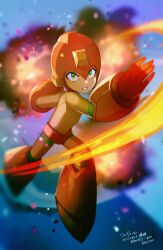 1boy blurry blurry_background bodysuit dated embers explosion full_body green_eyes helmet highres looking_at_viewer male_focus mega_man_(character) mega_man_(classic) mega_man_(series) orange_bodysuit orange_helmet parted_lips signature solo yasaikakiage