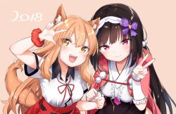 Rule 34 | 10s, 2018, 2girls, :d, animal ear fluff, animal ears, beige background, black skirt, blush, breasts, brown eyes, brown hair, cape, center frills, closed mouth, collared shirt, commentary request, fate/extra, fate/extra ccc, fate/extra ccc fox tail, fate/grand order, fate (series), fingernails, fox ears, fox girl, fox tail, frills, hair between eyes, hood, hood down, hooded cape, light brown hair, long hair, looking at viewer, medium breasts, multiple girls, open mouth, osakabehime (fate), pink cape, purple eyes, red scrunchie, red skirt, scrunchie, shirt, short sleeves, simple background, skirt, smile, suzuka gozen (fate), sweat, tail, tousaki shiina, v, very long hair, white shirt, wrist scrunchie