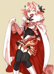 Rule 34 | 1boy, androgynous, astolfo (fate), black bow, black legwear, black shirt, blouse, boots, bow, braid, brown background, cape, fang, fate/apocrypha, fate (series), garter straps, gloves, hair intakes, hair ribbon, male focus, multicolored hair, one eye closed, oono imo, open mouth, overskirt, pink hair, purple eyes, ribbon, shirt, simple background, single braid, smile, streaked hair, thighhighs, trap, v, white cape, white footwear, white gloves