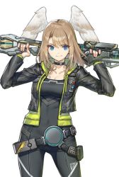 Rule 34 | 1girl, belt, black bodysuit, black choker, black jacket, blonde hair, blue eyes, bodysuit, breast tattoo, breasts, choker, cleavage, closed mouth, collarbone, commentary, cowboy shot, english commentary, eunie (xenoblade), feathered wings, feathers, green hoodie, head wings, holding, holding weapon, hood, hood down, hoodie, jacket, large breasts, leather, leather jacket, long hair, long sleeves, looking at viewer, open clothes, open hoodie, open jacket, saitou masatsugu, simple background, smile, solo, spread wings, standing, tattoo, weapon, weapon request, white background, white feathers, white wings, wings, xenoblade chronicles (series), xenoblade chronicles 3