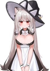 Rule 34 | 1girl, absurdres, animal ear fluff, animal ears, animal hat, apron, bell, black collar, black dress, black hat, blush, bow, breasts, cat ears, cat hat, cleavage, closed mouth, collar, commentary request, copyright request, detached collar, dress, fake animal ears, grey hair, hair between eyes, hat, highres, jingle bell, large breasts, long hair, looking at viewer, own hands together, pocari (sq551), red eyes, simple background, sleeveless, sleeveless dress, smile, solo, twintails, very long hair, white apron, white background, white bow, witch hat, wrist cuffs