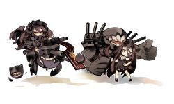 Rule 34 | 10s, 2girls, abyssal ship, battleship princess, black dress, black hair, chibi, dress, gothic lolita, highres, horns, isolated island oni, itsukia, kantai collection, lolita fashion, long hair, monster, multiple girls, open mouth, pale skin, pointing, red eyes, short dress, skin-covered horns, smile, turret