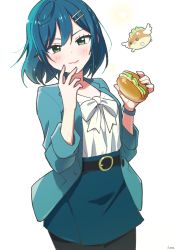 Rule 34 | 1girl, 1other, belt, blue hair, blue jacket, blue skirt, blush, character request, commentary request, cowboy shot, delicious party precure, food, fuwa kokone, green eyes, hair between eyes, hair ornament, hairclip, highres, holding, holding food, hone (honehone083), jacket, looking at viewer, pantyhose, precure, sandwich, shirt, simple background, skirt, smile, white background, white shirt