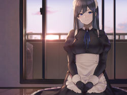 Rule 34 | 1girl, apron, black dress, black gloves, black hair, blue eyes, breasts, commentary request, dress, gloves, hands on lap, hayabusa, indoors, large breasts, long hair, looking at viewer, maid, maid apron, maid headdress, mole, mole under eye, original, puffy sleeves, seiza, sitting, smile, solo, sunrise, wrist cuffs