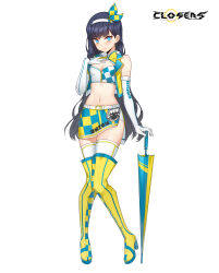 Rule 34 | 1girl, 3:, alternate color, bare shoulders, belt, black footwear, blue eyes, blue hair, boots, breasts, cleavage, closers, crop top, cropped vest, elbow gloves, frown, full body, gloves, hairband, hand on own chest, hand up, high heel boots, high heels, highres, holding, holding umbrella, long hair, looking at viewer, medium breasts, midriff, miniskirt, navel, non-web source, official art, open clothes, race queen, seulbi lee, skirt, sleeveless, solo, stomach, thigh boots, thighhighs, thighhighs under boots, umbrella, very long hair, vest, white thighhighs, zettai ryouiki