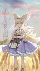 Rule 34 | 1girl, animal ear fluff, animal ears, arknights, bare shoulders, black footwear, blonde hair, blue hairband, braid, closed mouth, clothing cutout, collar, commentary request, dress, fox ears, fox girl, fox tail, full body, green eyes, hairband, highres, holding, infection monitor (arknights), kitsune, kkaebing, kyuubi, large ears, looking at viewer, medium dress, multicolored hair, multiple tails, outdoors, pantyhose, purple dress, short hair, shoulder cutout, solo, suzuran (arknights), tail, transmission tower, two-tone hair, wheat field, white hair, white pantyhose