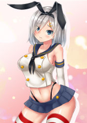 Rule 34 | 1girl, alternate costume, arms behind back, bare shoulders, black panties, blue eyes, blush, breasts, buttons, commentary request, cosplay, crop top, elbow gloves, female focus, gloves, hair ornament, hair over one eye, hairband, hairclip, hamakaze (kancolle), highleg, highleg panties, kantai collection, large breasts, looking at viewer, miniskirt, navel, panties, pleated skirt, school uniform, serafuku, shimakaze (kancolle), shimakaze (kancolle) (cosplay), short hair, silver hair, sin (kami148), skirt, solo, striped clothes, striped thighhighs, thighhighs, underwear, white gloves