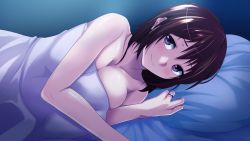 Rule 34 | 1girl, bed, blush, breasts, brown hair, cleavage, female focus, game cg, jewelry, large breasts, long hair, looking at viewer, lying, nude, on side, pillow, purple eyes, ring, smile, solo, tomohiro kai, ubai again: hito no onna, mata urimasu, under covers