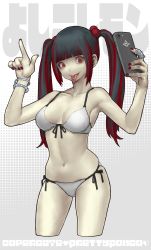 Rule 34 | 1girl, bikini, black hair, bracelet, cellphone, character request, collaboration, cowboy shot, cropped legs, daichan mona, fingernails, front-tie bikini top, front-tie top, hair bobbles, hair ornament, highres, holding, holding phone, jewelry, long hair, multicolored hair, nail polish, navel, phone, piercing, polka dot, polka dot background, red eyes, red hair, red nails, selfie, side-tie bikini bottom, smartphone, solo, swimsuit, tagme, tongue, tongue piercing, twintails, white bikini