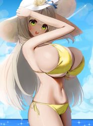 Rule 34 | 1girl, absurdres, aircraft, airplane, bikini, blue archive, breasts, cleavage, flower, front-tie top, glint, green eyes, hat, hat flower, highres, horizon, huge breasts, jet, light brown hair, long hair, looking at viewer, navel, nicorima, nonomi (blue archive), nonomi (swimsuit) (blue archive), ocean, official alternate costume, side-tie bikini bottom, sky, solo, sun hat, swimsuit, very long hair, yellow bikini