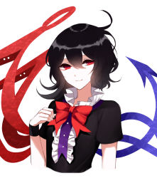 Rule 34 | 1girl, absurdres, asymmetrical wings, bad id, bad pixiv id, black hair, bow, bowtie, closed mouth, hair between eyes, highres, houjuu nue, looking at viewer, red bow, red bowtie, red eyes, sheya, short sleeves, smile, solo, touhou, upper body, white background, wings, wristband
