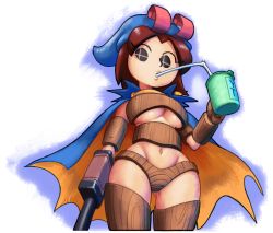 Rule 34 | 1girl, arm at side, arm cannon, armor, bandeau, bikini, bikini armor, black eyes, blue cape, blue hat, breasts, brown bandeau, brown bikini, brown hair, brown thighhighs, cape, commentary, cosplay, cropped legs, cup, drinking, drinking straw, drinking straw in mouth, english commentary, geno (mario), geno (mario) (cosplay), gluteal fold, groin, groin tendon, hand up, hat, highres, holding, holding cup, large breasts, looking at viewer, mario (series), mii (nintendo), mii gunner, minuspal, multicolored cape, multicolored clothes, navel, nintendo, parted bangs, short hair, simple background, solo, super mario rpg, super smash bros., swimsuit, thighhighs, two-tone cape, underboob, weapon, white background, yellow cape